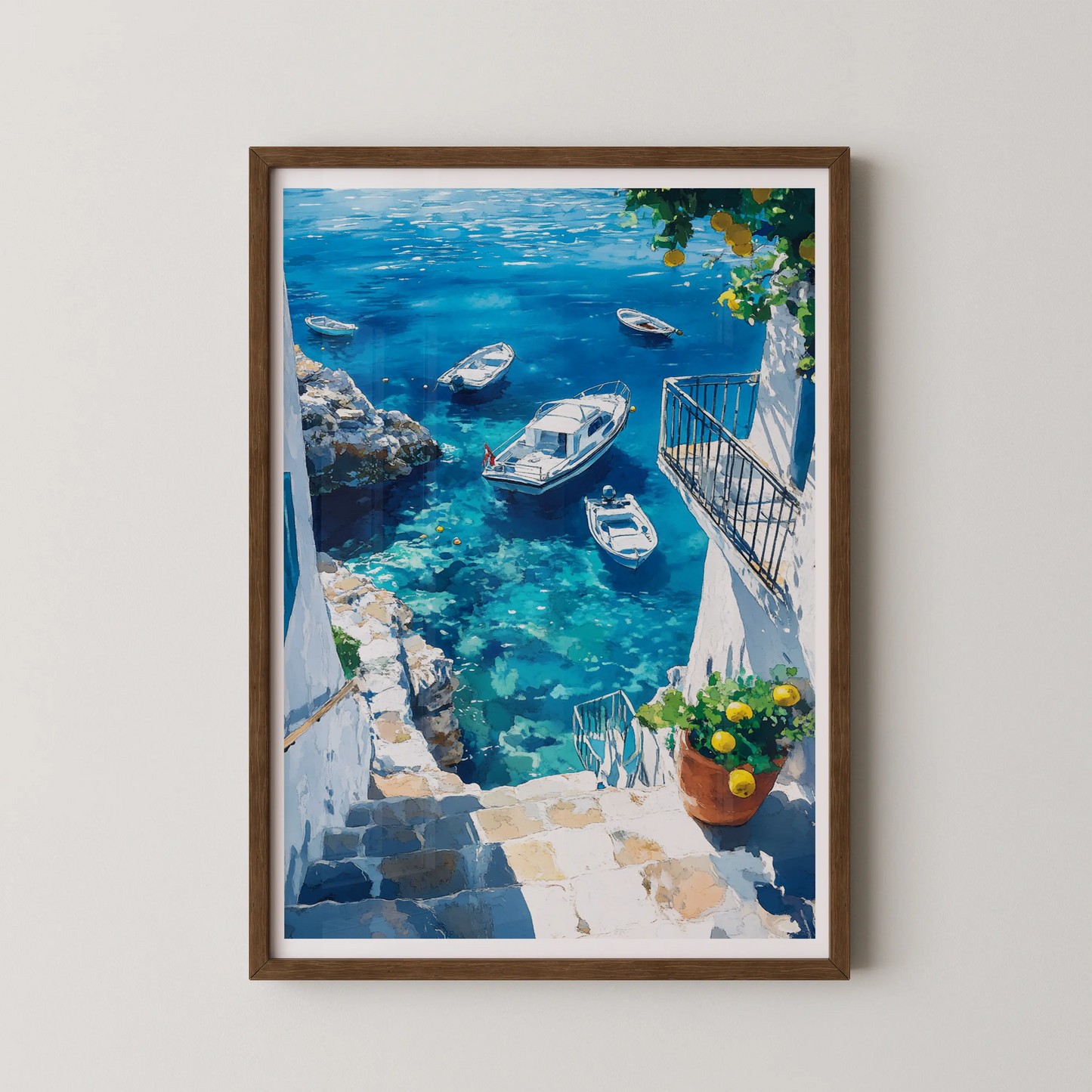 A modern wall art print of a coastal village with boats in turquoise water.