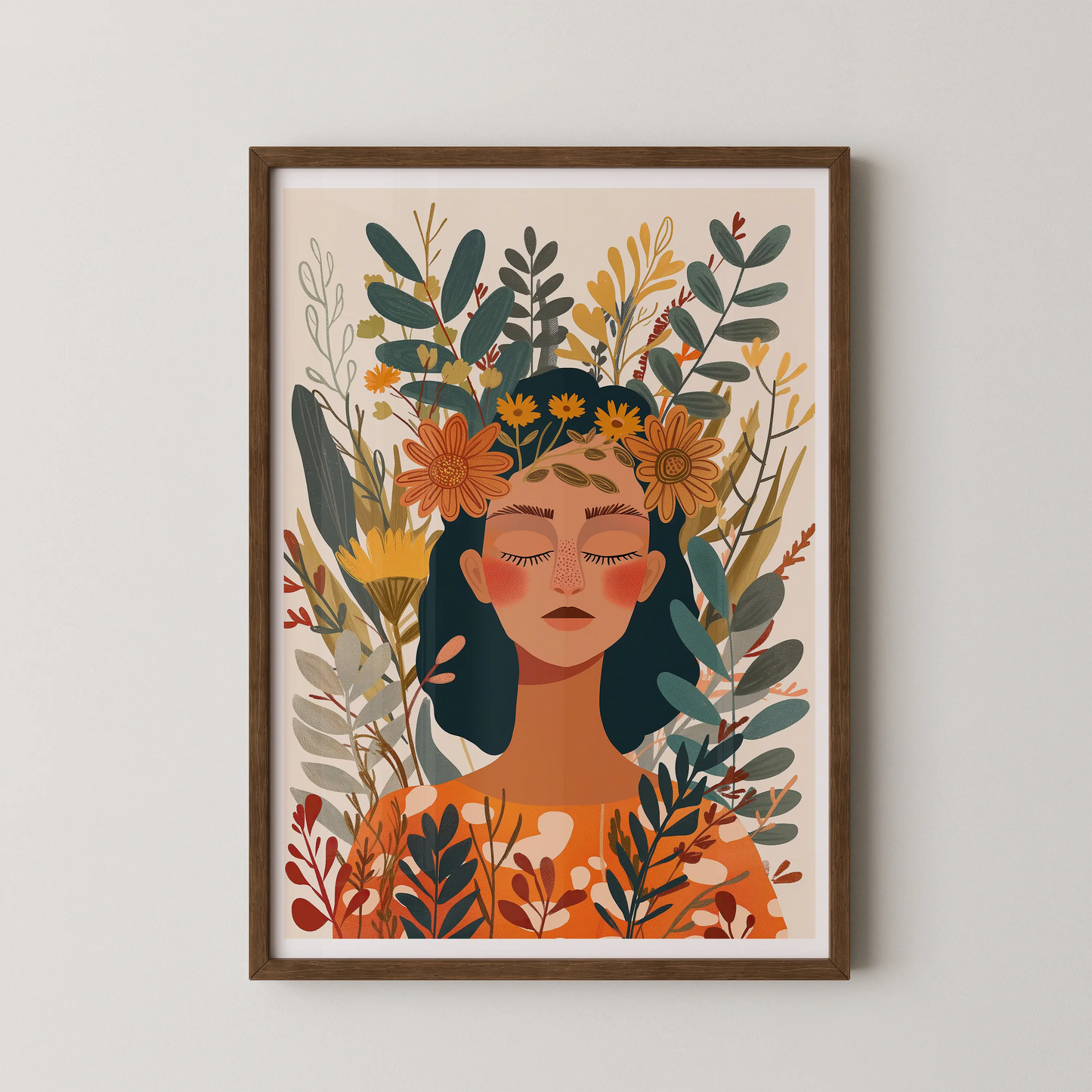 A modern art illustration of a woman with a floral crown and serene expression.