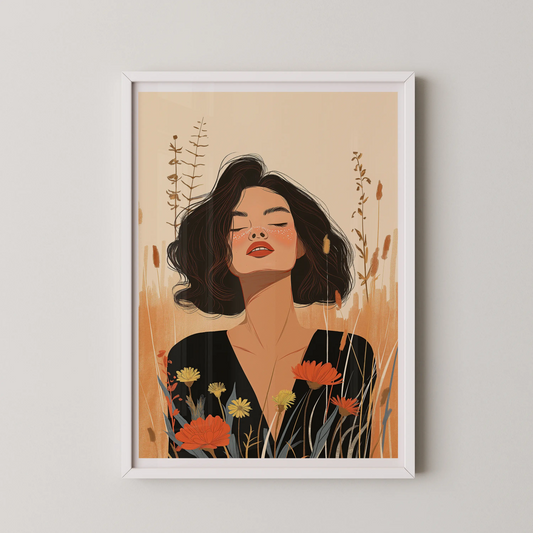 A Boho style illustration of a woman surrounded by wildflowers, in soft beige, muted orange, deep green, and pastel yellow.