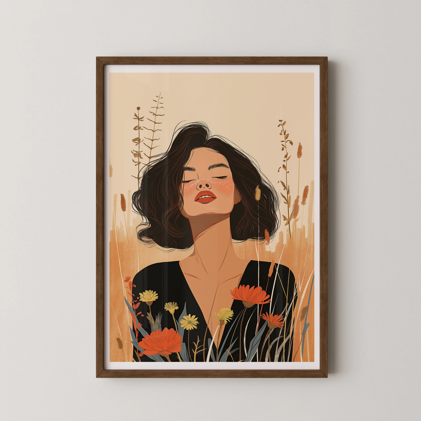 A Boho style illustration of a woman surrounded by wildflowers, in soft beige, muted orange, deep green, and pastel yellow.