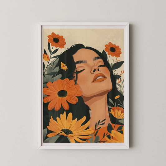 A modern style illustration of a floral woman motif with flowing hair, eyes closed in bliss.