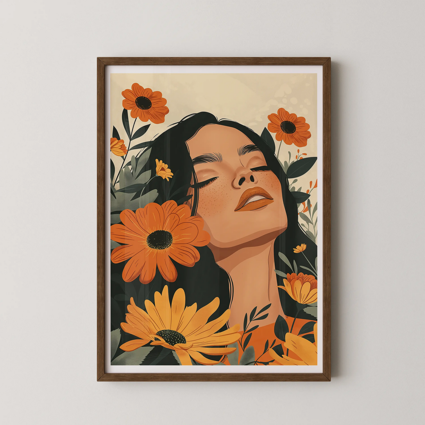 A modern style illustration of a floral woman motif with flowing hair, eyes closed in bliss.