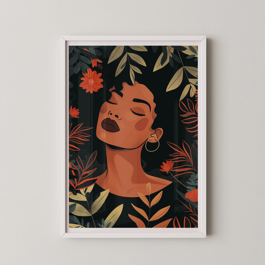 A modern illustration of a woman surrounded by lush flora, embodying serenity.