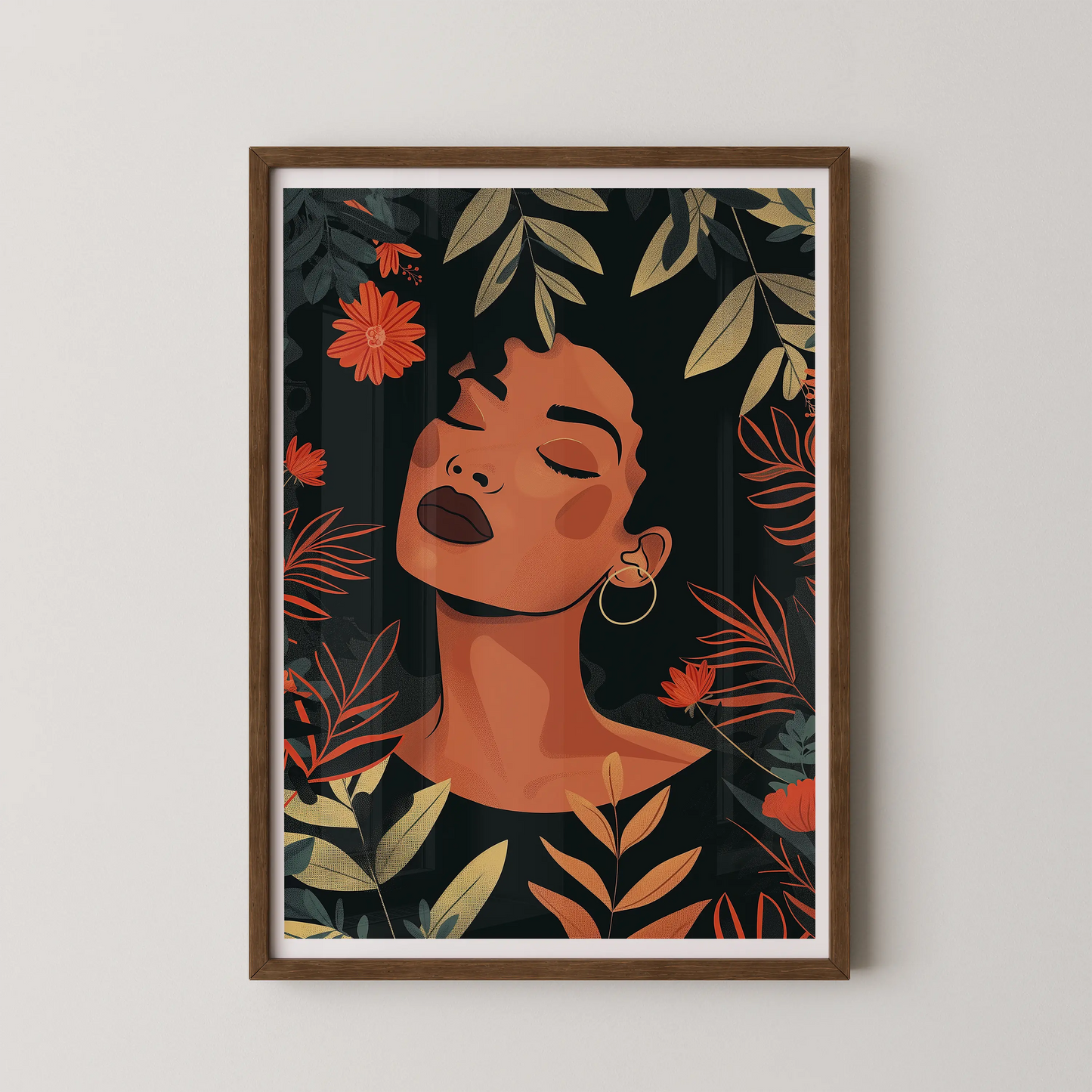 A modern illustration of a woman surrounded by lush flora, embodying serenity.