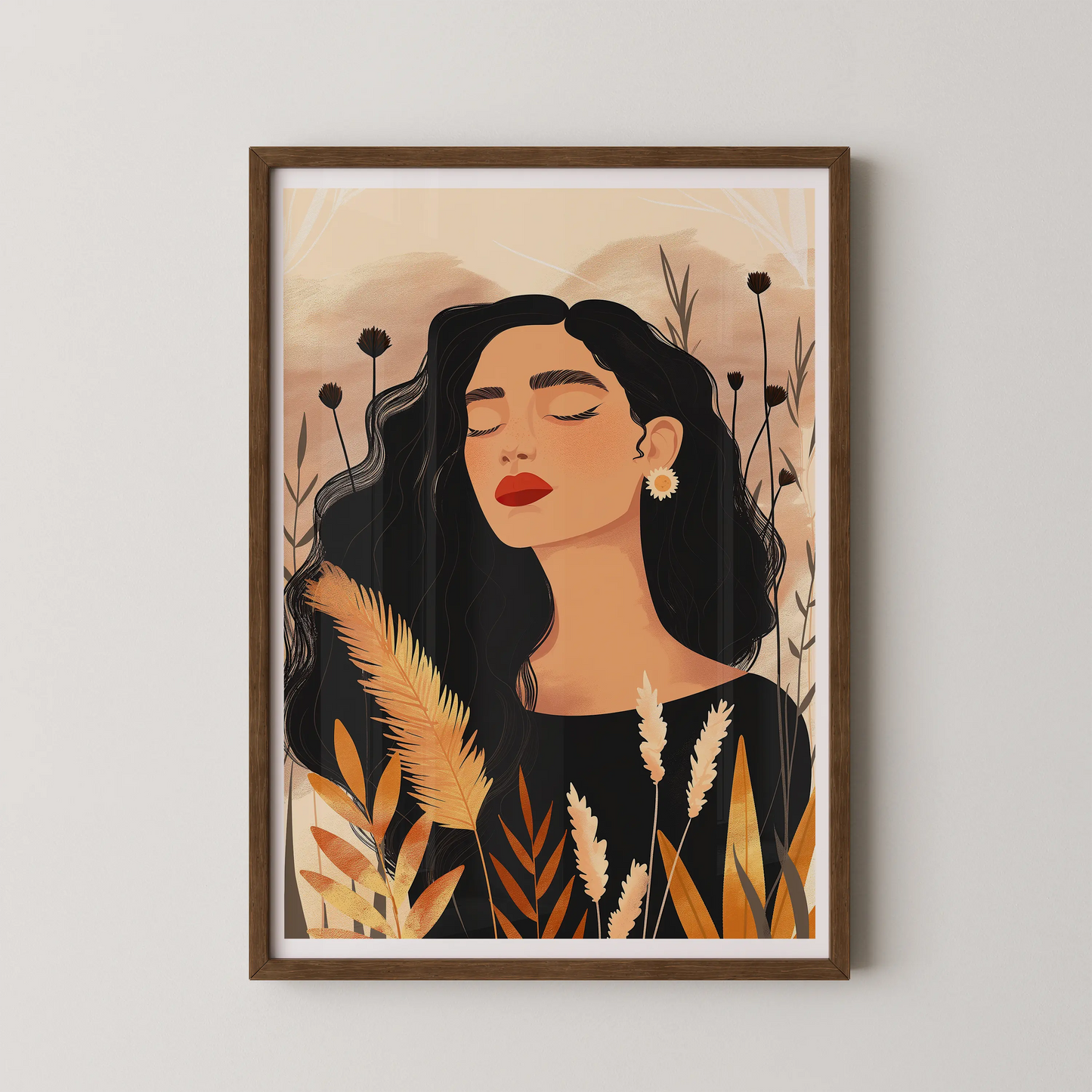 A modern illustrative wall art of a woman in serene contemplation, embraced by delicate foliage.