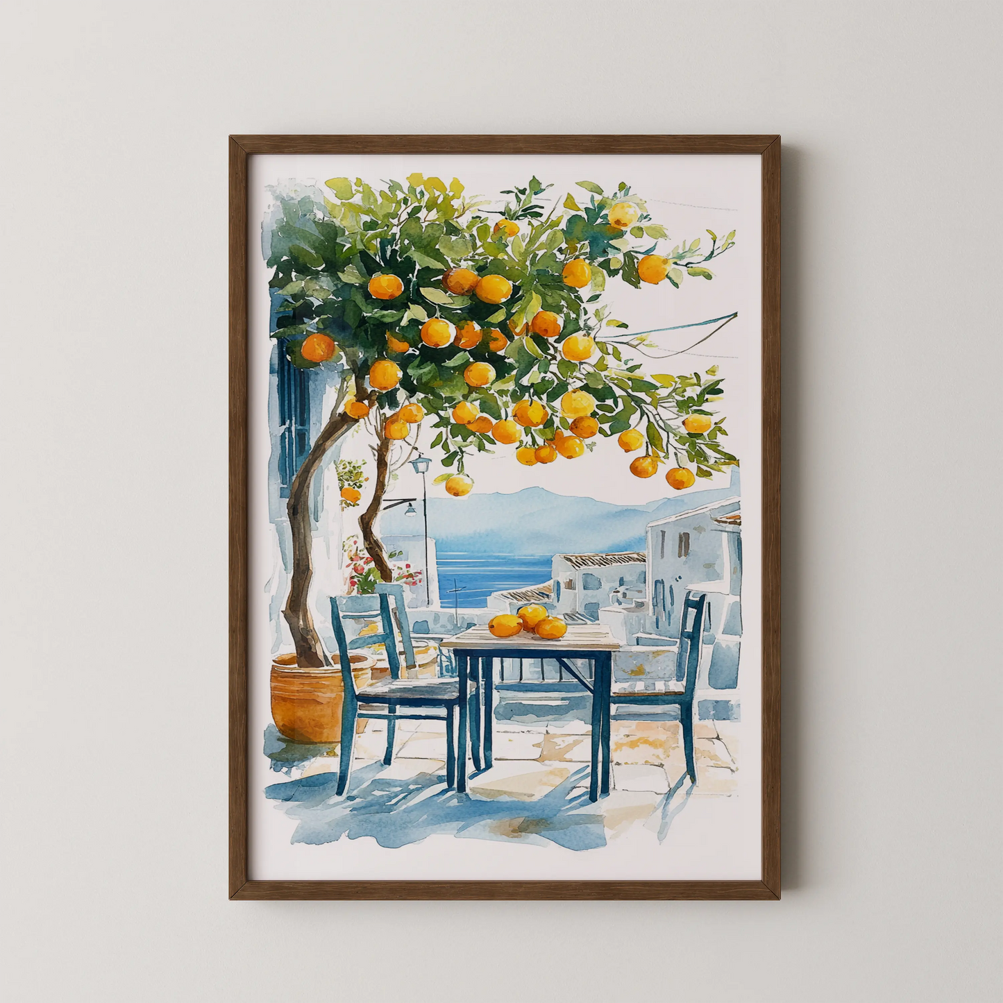 A watercolor painting of a coastal terrace with oranges on a table, in a modern style.