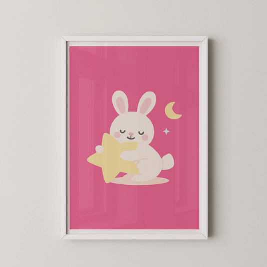 A modern flat vector illustration of a bunny hugging a star.