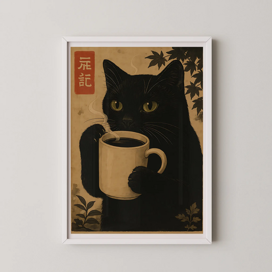 A vintage Japanese-style art print of a black cat holding a steaming mug of coffee, with stylized maple leaves and an aged paper effect.