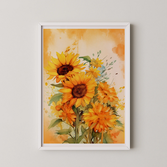 A modern art print of vibrant sunflowers in a watercolor style.