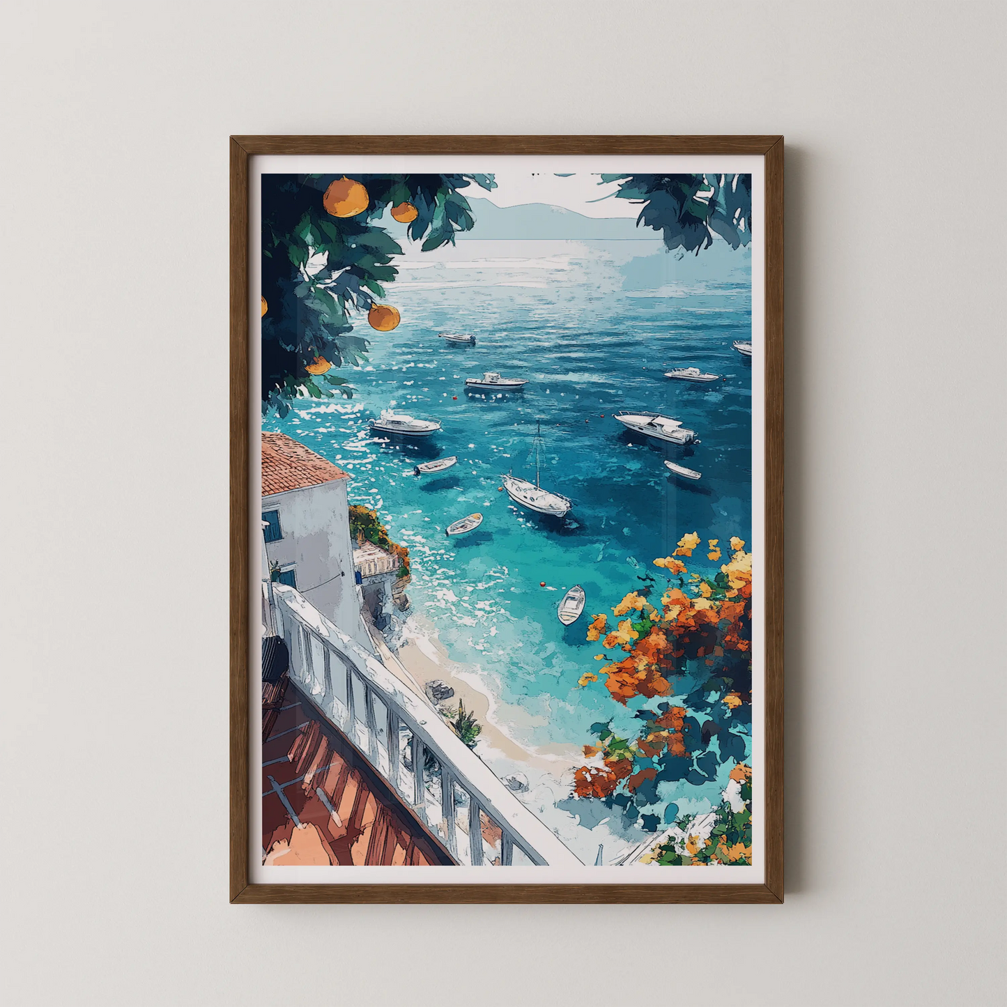 A modern illustrative wall art of a coastal harbor with boats, framed by orange blooms and greenery.