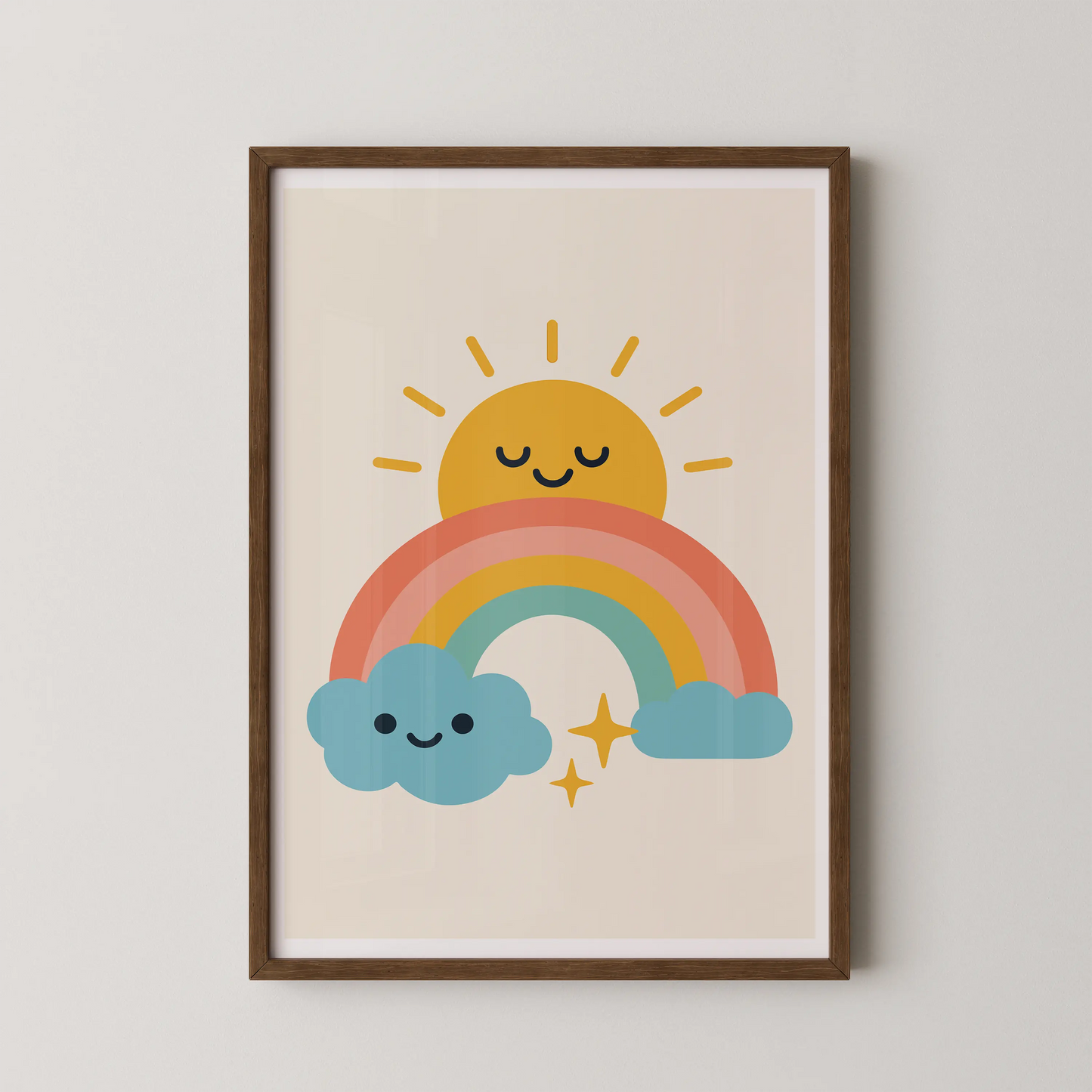 A modern minimalist wall art print of a happy sun with clouds and a rainbow, in a kids room.