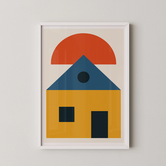 A minimalist geometric house artwork with a vibrant sun, in a modern style.