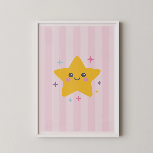 A minimalist kawaii star with a smiling face in a flat digital vector illustration style.
