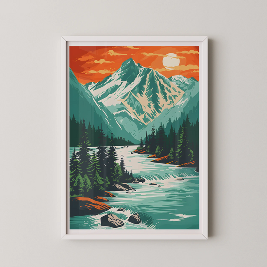 A geometric alpine landscape in a modern vector illustration style, featuring mountains, river, and sunset.