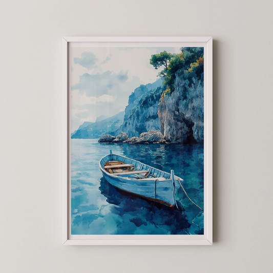 A modern watercolor style artwork showing a wooden boat in tranquil waters.