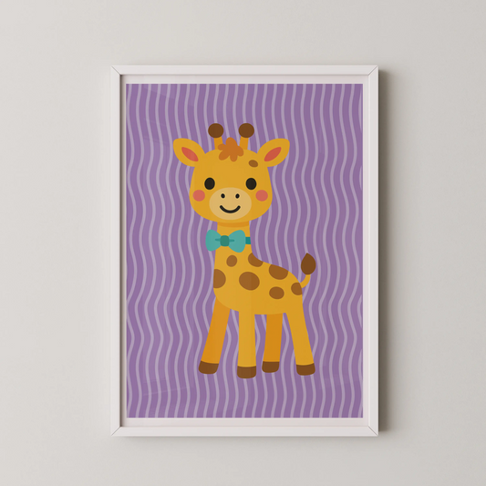 A flat vector illustration of a stylized giraffe wearing a teal bow tie, in a modern art style.