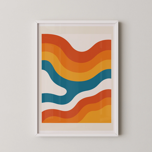 A modern abstract art print showcasing flowing waves in vibrant orange, yellow, and blue tones.