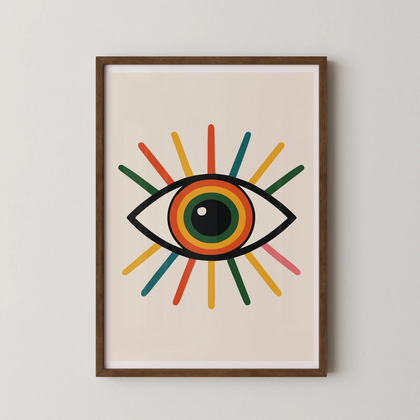 A modern pop art print of a stylized eye in vibrant orange, emerald green, and coral pink.