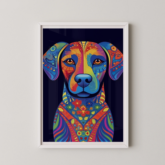 A modern digital art portrait of a vibrant canine companion.