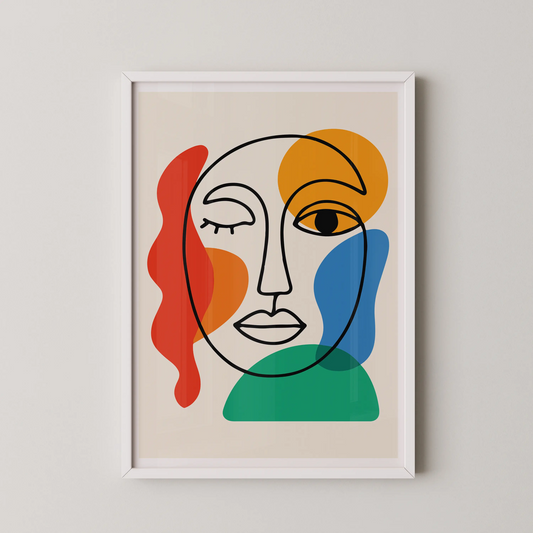 A modern abstract wall art poster featuring a stylized face with vibrant colors.