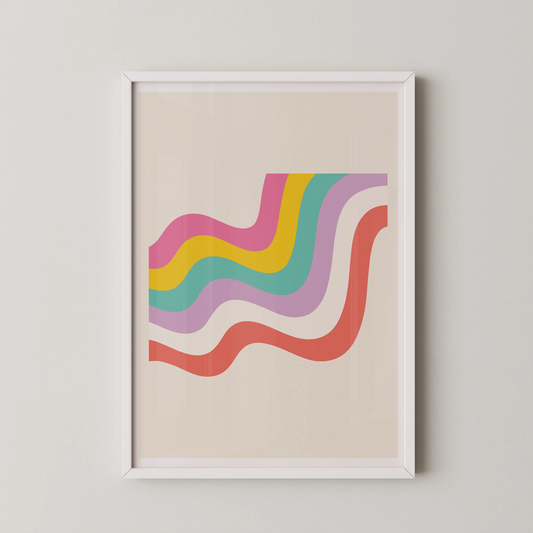 A modern abstract wall art featuring rhythmic waves in vibrant colors.