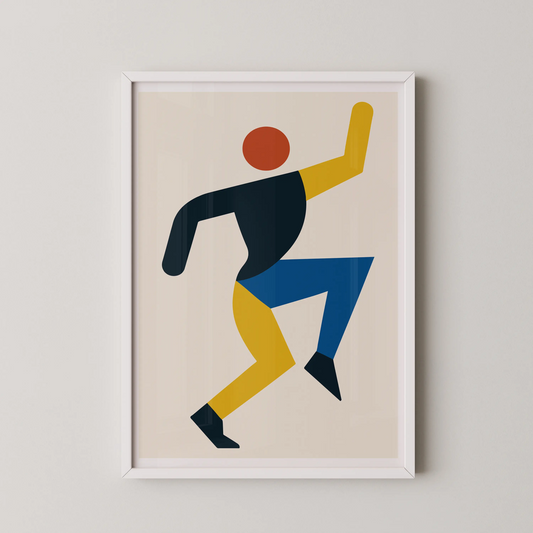 A modern abstract geometric shapes wall art with dynamic movement in blue, yellow, and red.