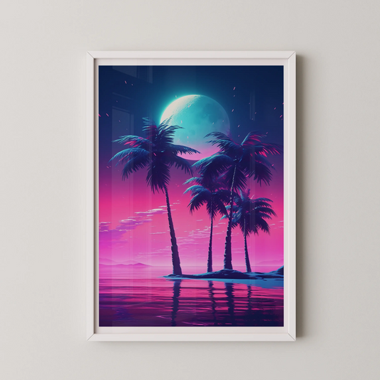 A modern art poster featuring silhouetted palm trees against a vibrant twilight sky in a surrealist style.