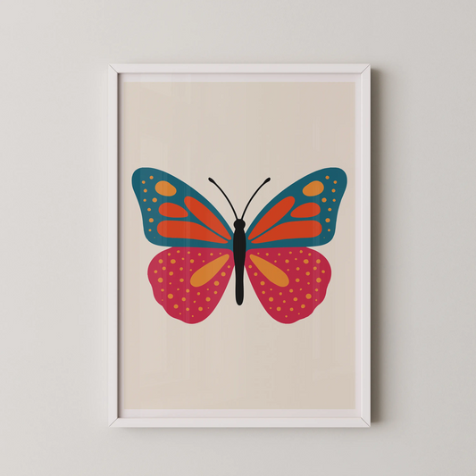 A modern flat-style artwork featuring a butterfly with vibrant turquoise, orange, pink, and yellow wings on a cream background.