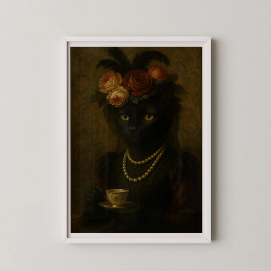 A framed oil painting poster of a Victorian black cat holding a teacup.