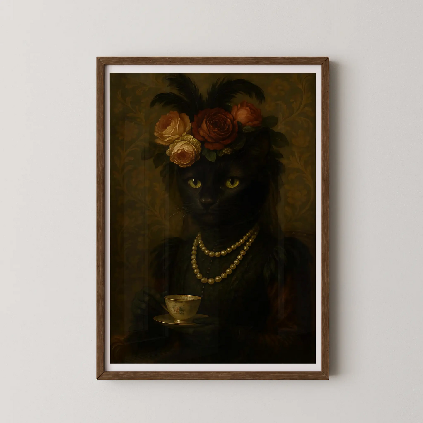 A framed oil painting poster of a Victorian black cat holding a teacup.