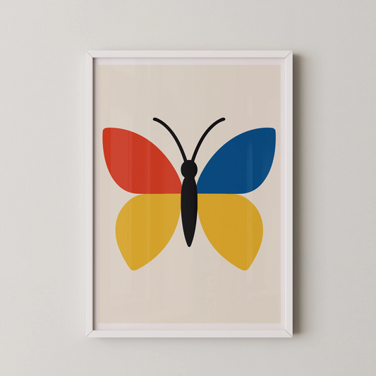 A modern minimalist abstract wall art poster featuring a vibrant butterfly in red, blue, and yellow.