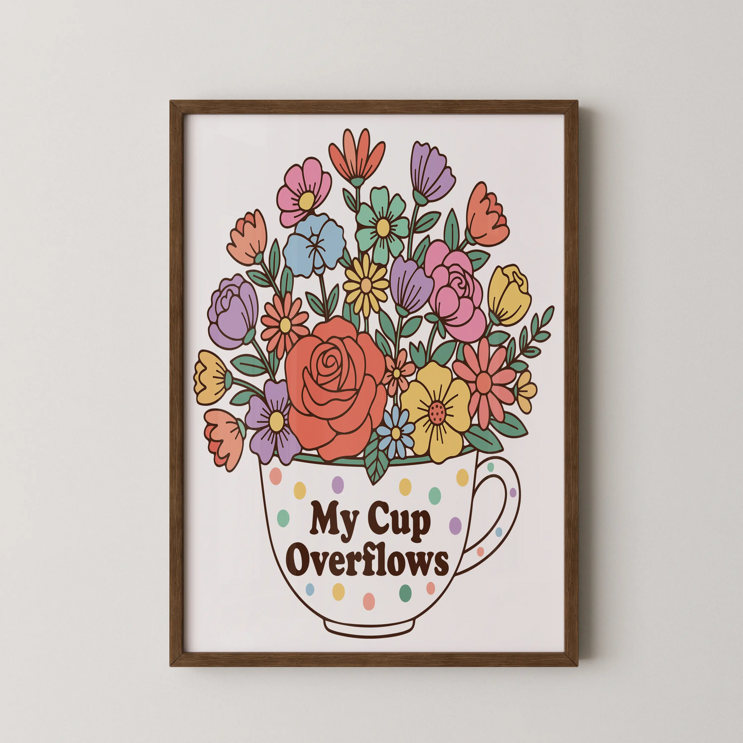 A whimsical floral teacup illustration in a modern style, with the phrase 'My Cup Overflows'.