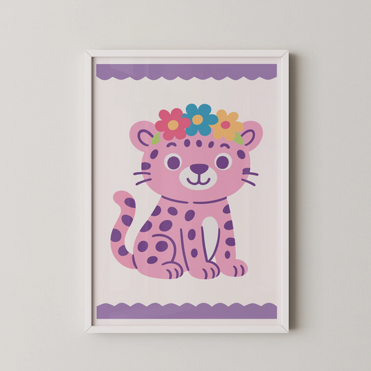 A whimsical pink leopard cub in a modern flat vector illustration style, adorned with a floral crown.