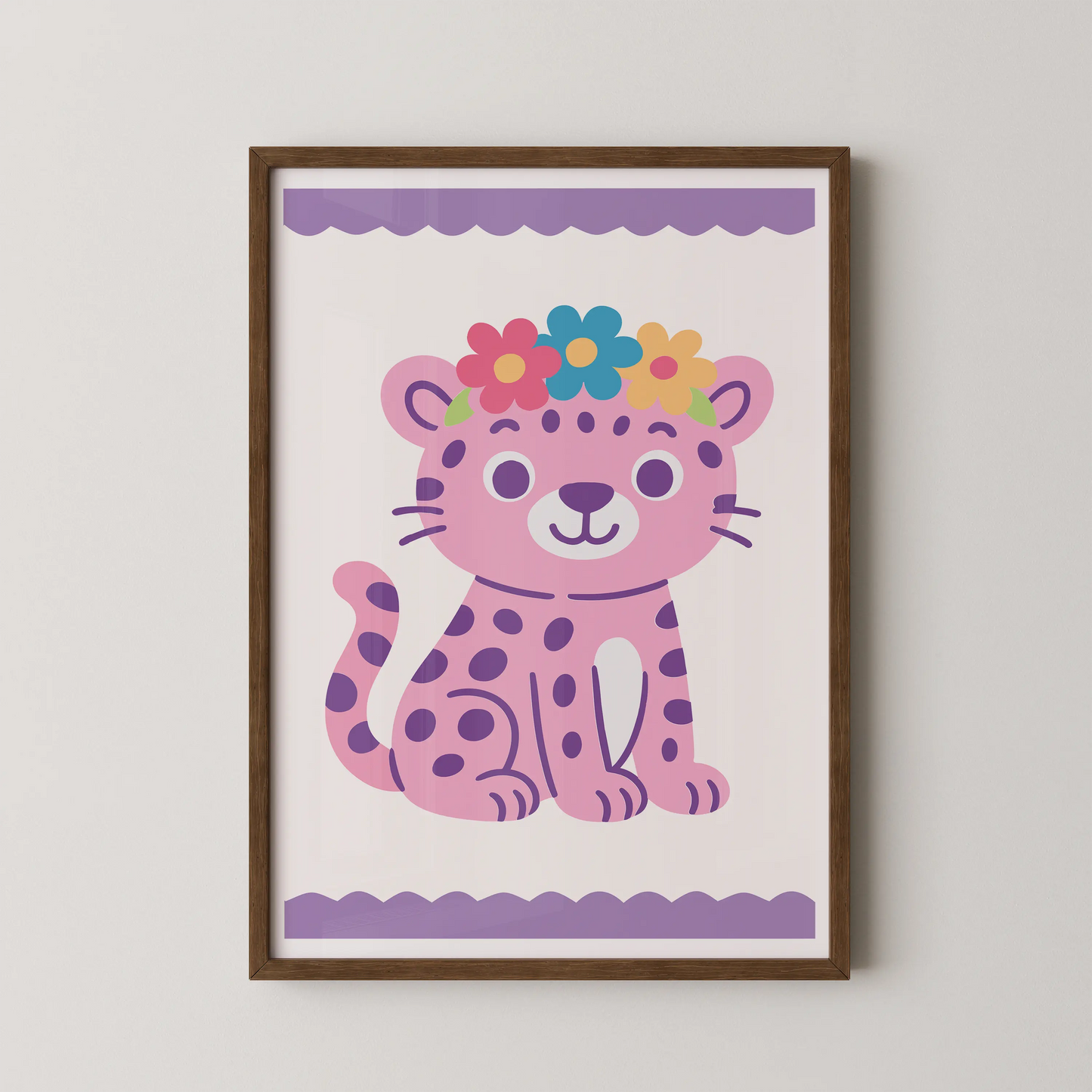 A whimsical pink leopard cub in a modern flat vector illustration style, adorned with a floral crown.