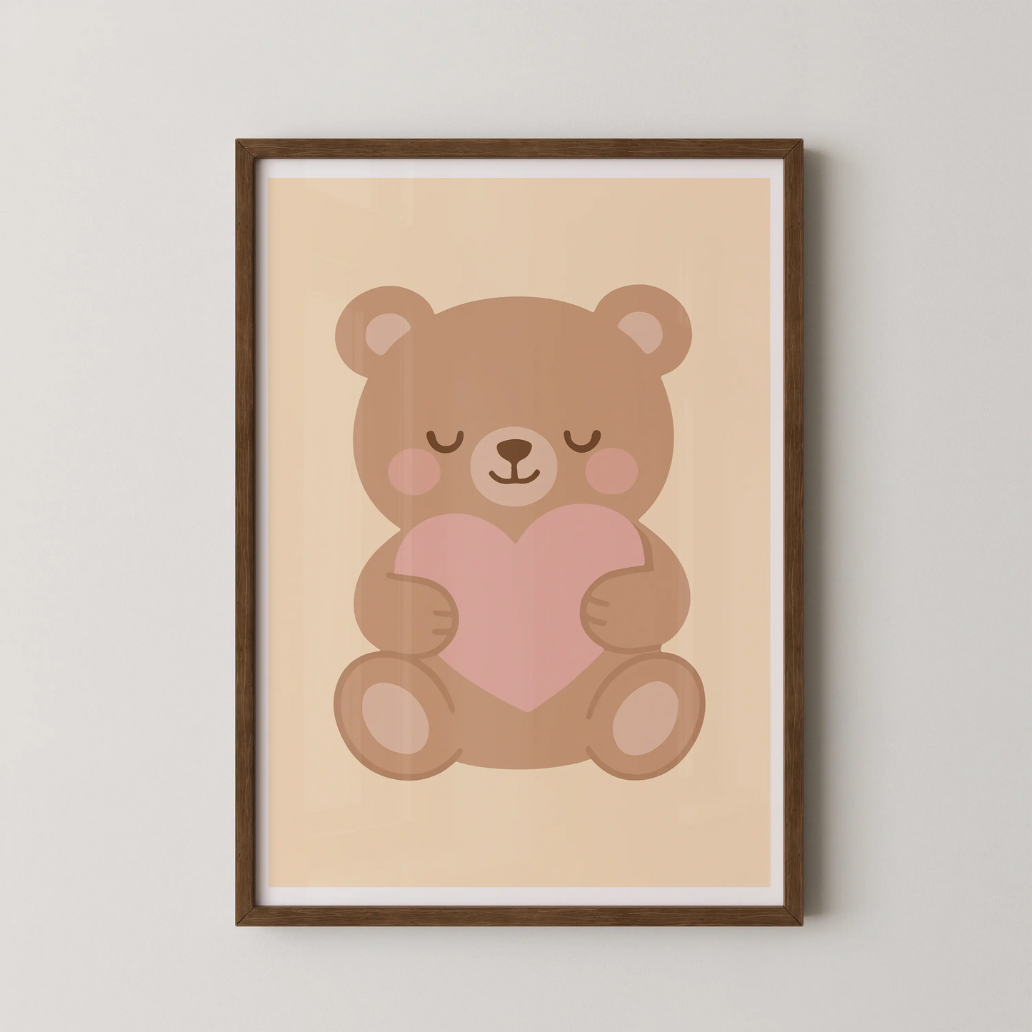 A flat-design vector illustration of a teddy bear holding a pink heart, in a modern kawaii style.