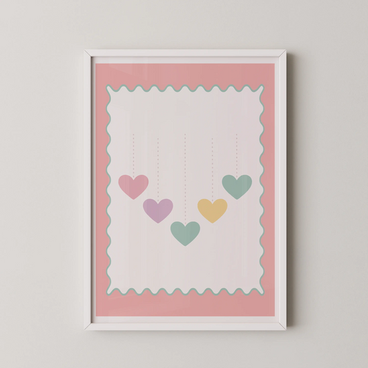 A minimalist vector illustration of pastel hearts suspended by dotted lines, in a kawaii-inspired style.