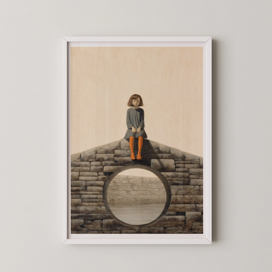 A minimalist artwork of a girl contemplating, seated on stone, with a serene water scene behind her.