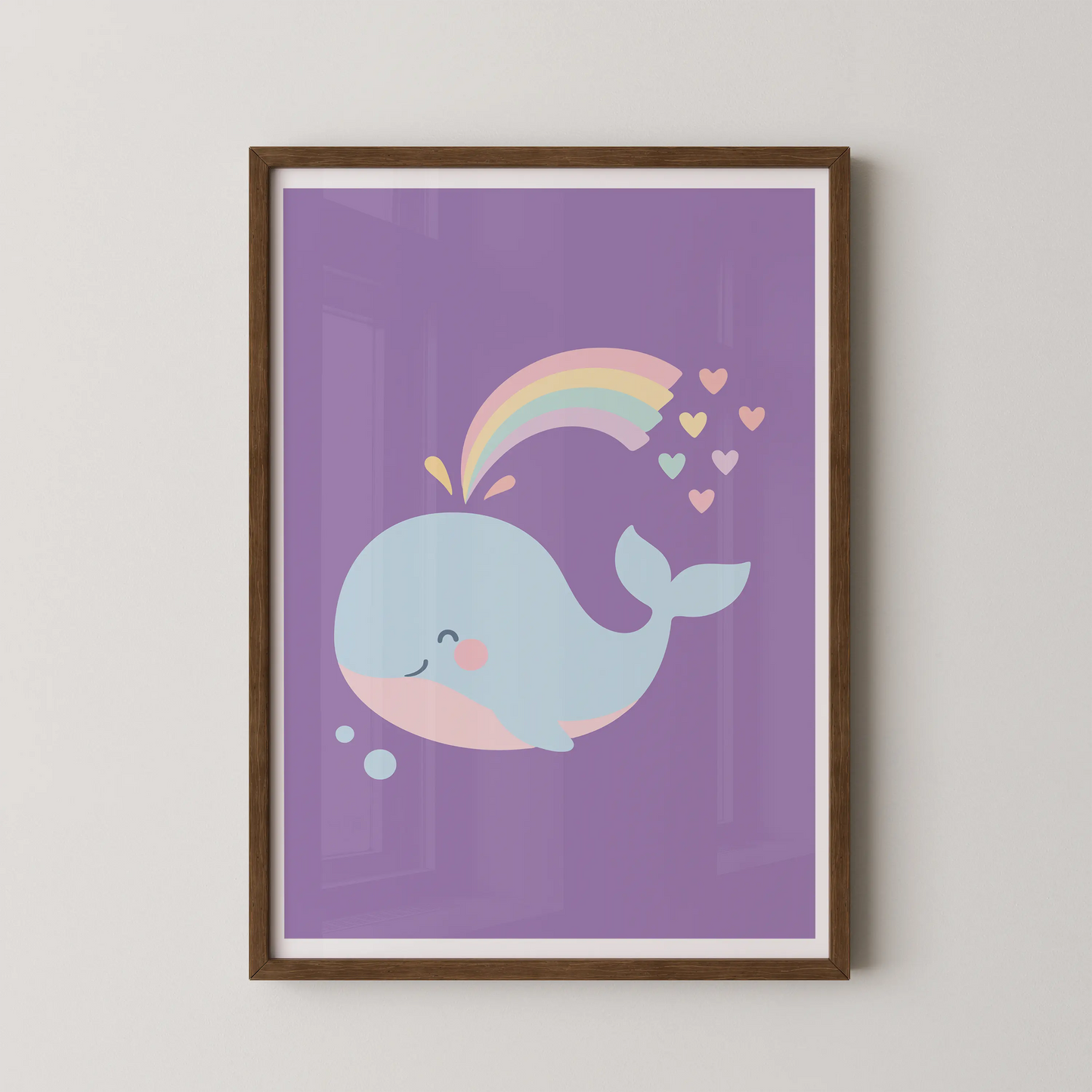 A minimalist illustration of a smiling whale under a rainbow, in a kawaii style.