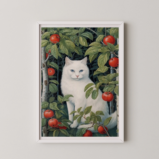 A modern style art piece featuring a feline portrait amidst nature.