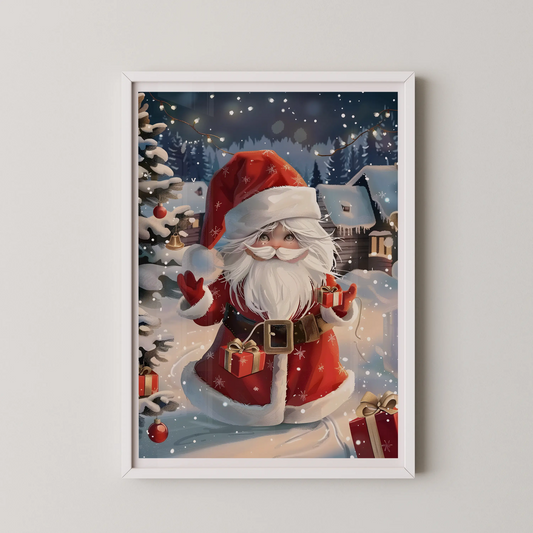 A modern illustration of Santa Claus in a snow-kissed village offering a gift, in a classic vintage style.