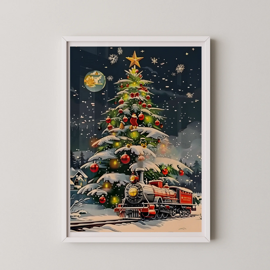A vintage-inspired digital illustration of a Christmas train and tree on a snowy night, in a retro style.