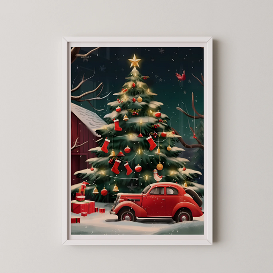 A vintage style digital illustration featuring a vintage red car and a snow-dusted Christmas tree.