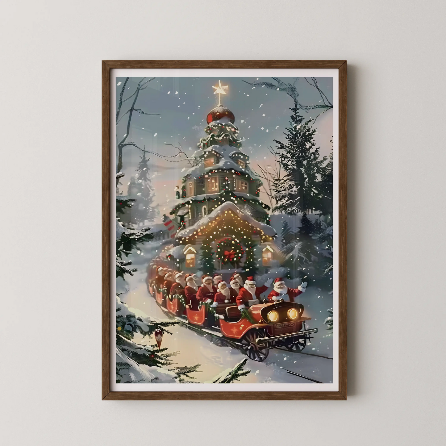 A vintage Christmas village scene with a treehouse and Santa's sleigh, rendered in a magical realism style.