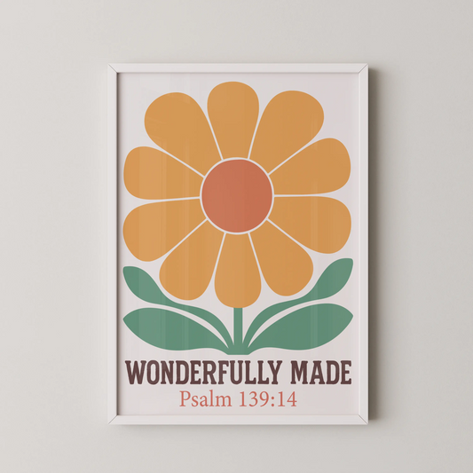 A minimalist stylized flower artwork with the quote "Wonderfully Made" in a modern, minimalist style.