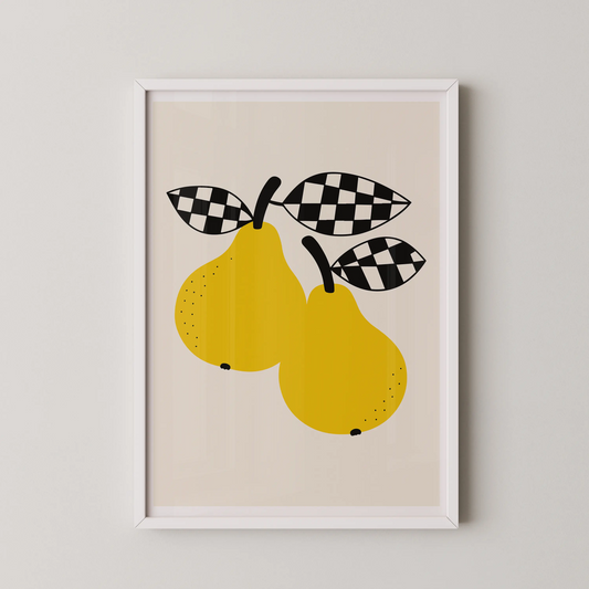 A modern minimalist art print of two yellow pears with black checkered leaves on a cream background.