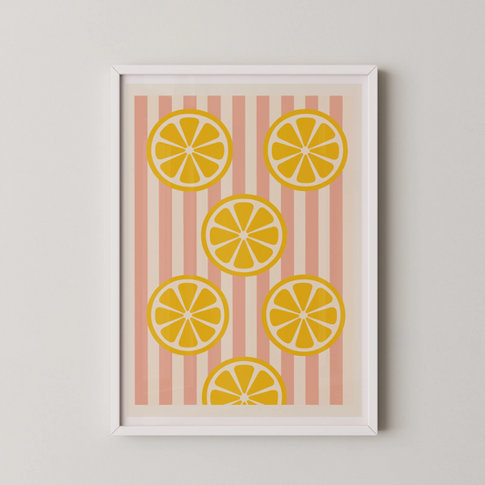 A modern abstract wall art poster featuring lemon slices on a pink striped background.