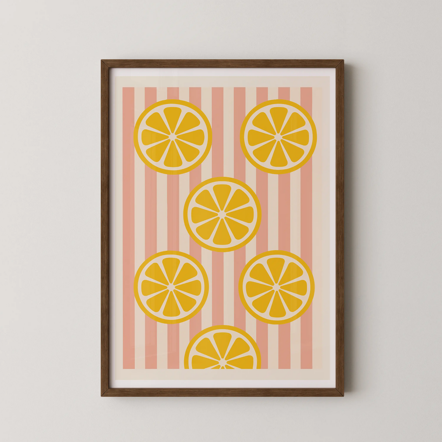 A modern abstract wall art poster featuring lemon slices on a pink striped background.