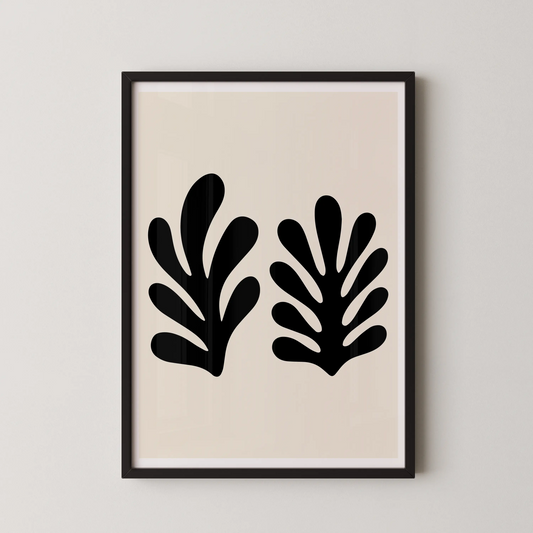 A minimalist line art poster featuring two abstract botanical leaves in black on a cream background.