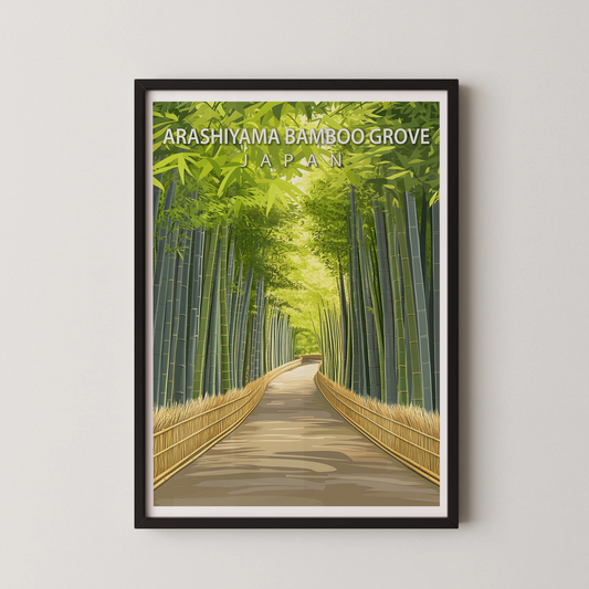 A modern digital illustration of a bamboo forest with a winding boardwalk, in the style of Japanese art.