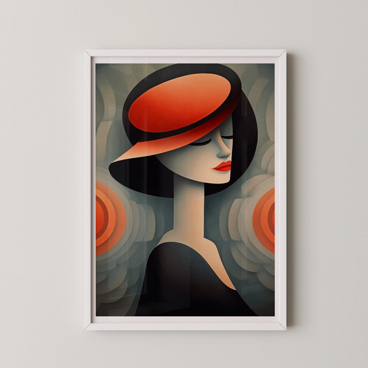 A modern art deco style wall art poster featuring a female portrait with a wide-brimmed hat and red lips.